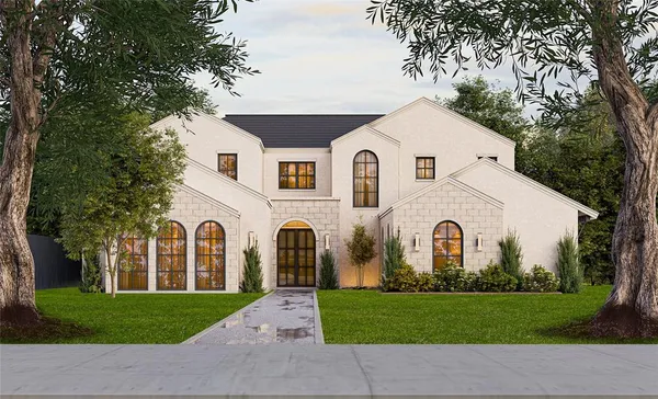 a view of a white house with a yard