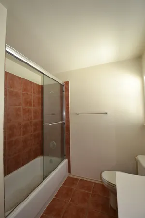 a bathroom with a shower and a toilet