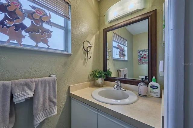 a bathroom with a sink and a mirror