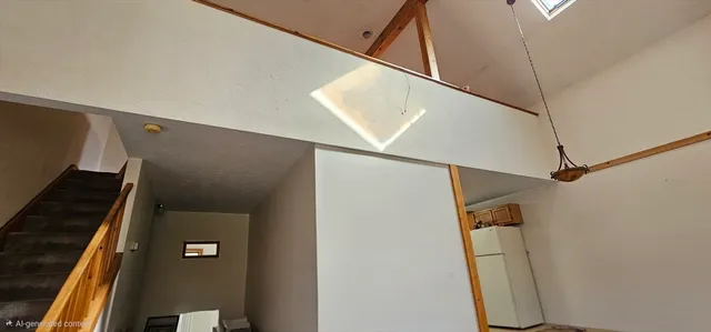 a bathroom with a shower and a mirror