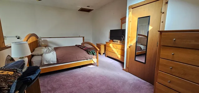 a bedroom with a bed and a flat tv screen on dresser