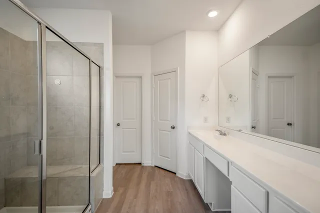 a bathroom with a shower sink and mirror