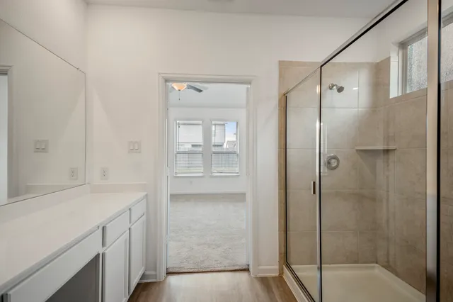 a view of bathroom with a sink mirror and a shower