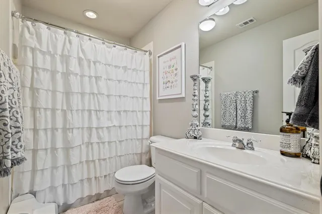 a bathroom with a sink a toilet and shower curtain