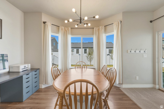 836 South 250 West Vernal, UT 84078 - Photo 27 of 56 Dining space featuring suspended lighting and wood finished floors