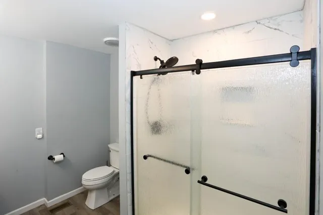 a bathroom with a shower and a toilet