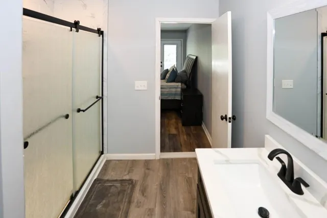 a bathroom with a sink and a mirror