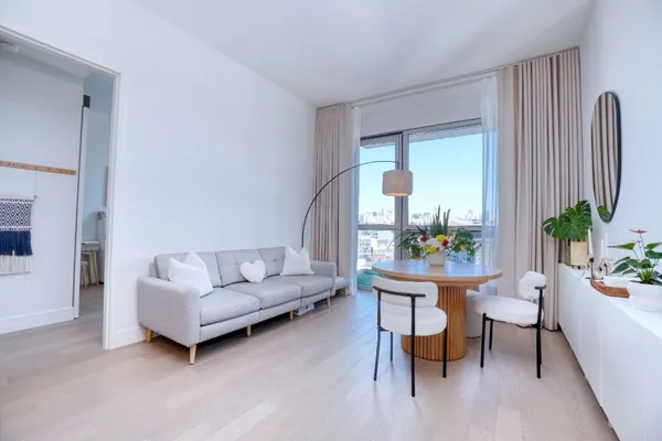 a living room with furniture and a potted plant