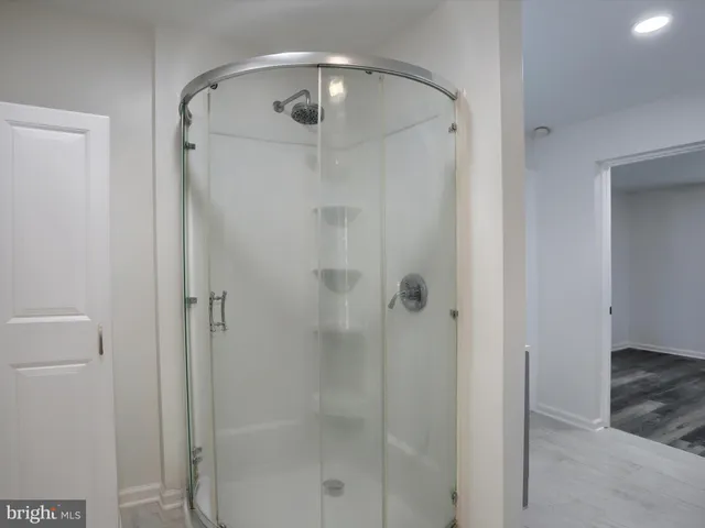 a bathroom with a shower and toilet