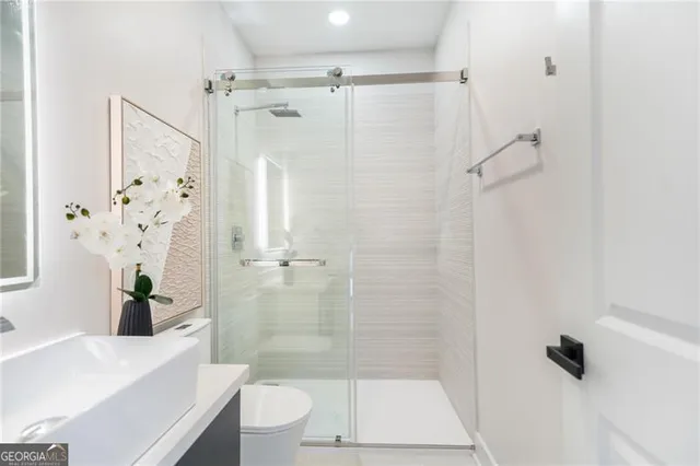 a bathroom with a shower and a toilet