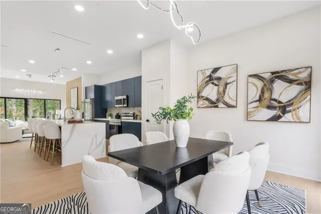 a view of a dining room with furniture