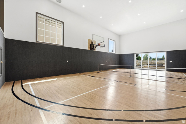 71 Farm Road Midway, UT 84049 - Photo 47 of 92 Indoor sports court featuring wood-finish flooring with court markings, high ceilings, recessed lighting, a basketball hoop, and multiple windows