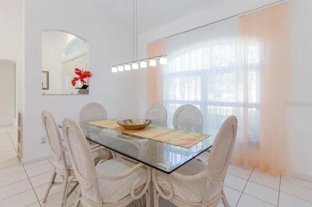 a view of a dining room with furniture window and outside view