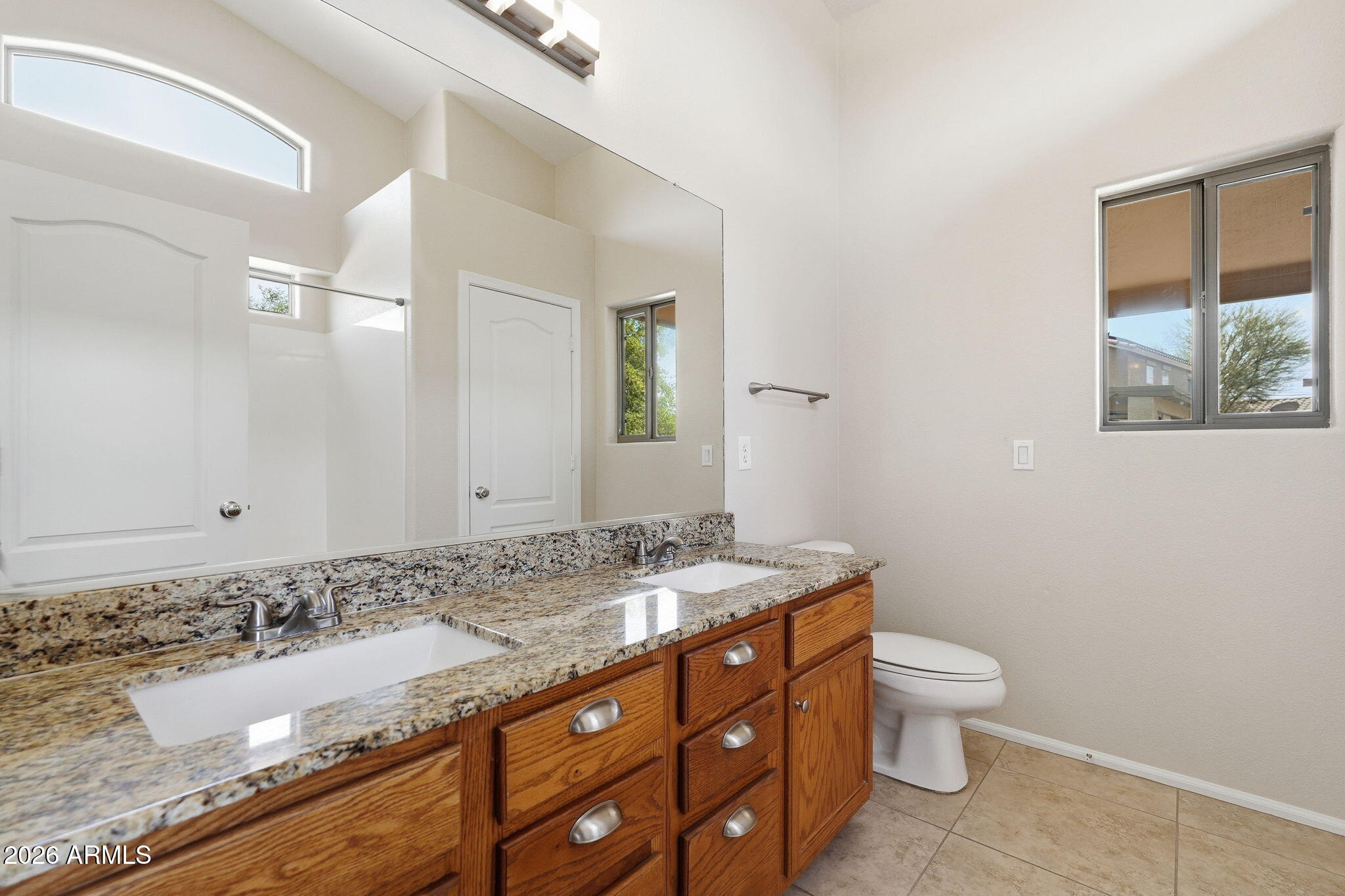 2022 South 160th Lane Goodyear, AZ 85338 - Photo 25 of 36 a bathroom with a granite countertop sink and a mirror