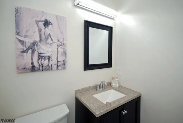 a bathroom with a sink vanity and a mirror