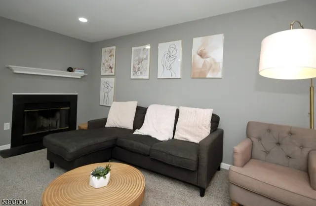 a living room with furniture and a fireplace