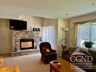 a living room with furniture a flat screen tv and a fireplace