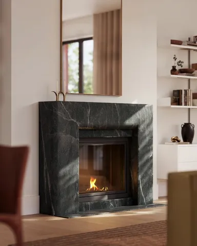 a living room with a fireplace and a walk in closet