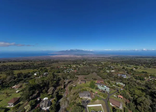 an aerial view of residential houses with city view