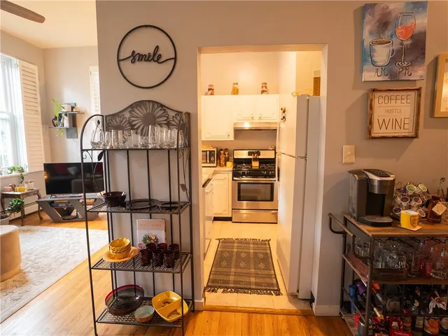 a view of dining room with wooden floor