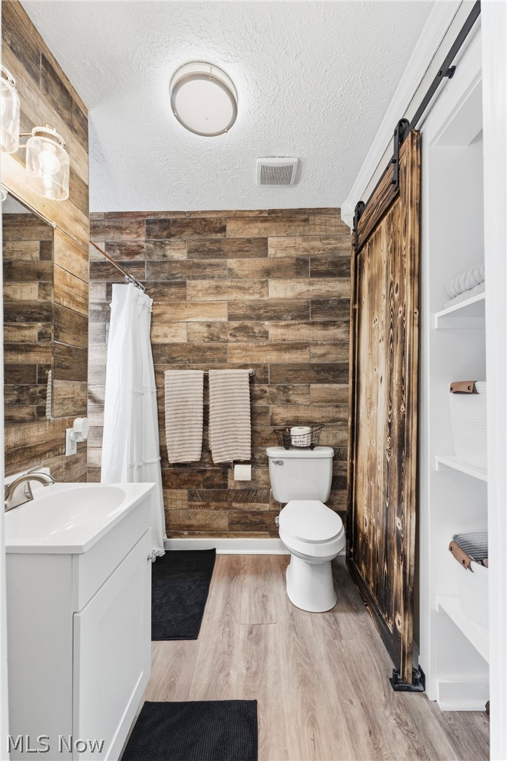 258 Randolph Road Mogadore, OH 44260 - Photo 21 of 49 Bathroom featuring wood-finish accent wall, light wood-finish flooring, white vanity with integrated sink, modern overhead lighting, and a barn door concealing built-in shelving