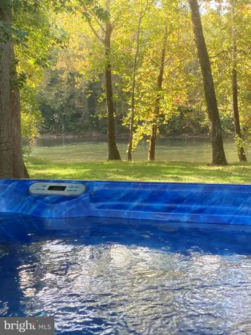 a view of a lake in between two trees