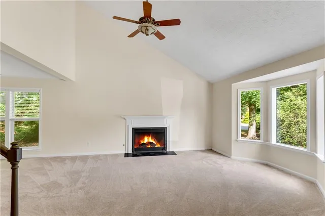 a view of empty room with windows and fireplace