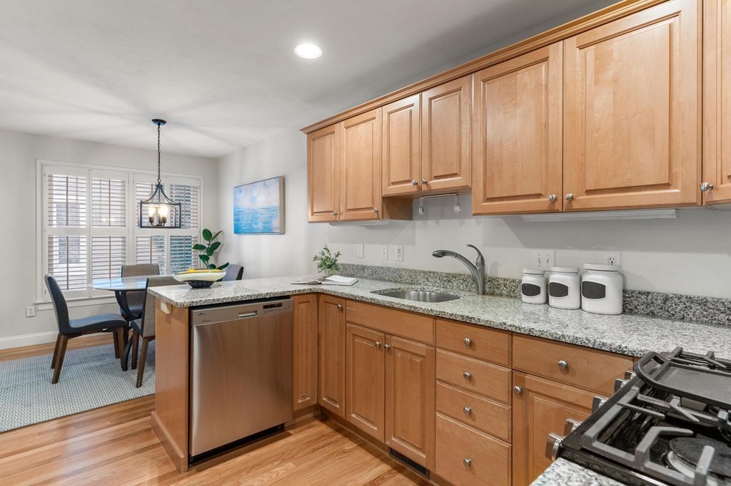 11 Meadowbrook Road, Unit 11 Brookline, MA 02467 - Photo 8 of 42 a kitchen with granite countertop wooden cabinets a sink and dishwasher