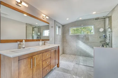 a bathroom with a double vanity sink a mirror and a shower