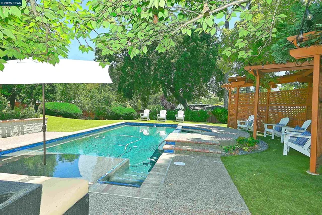 a view of a backyard with swimming pool