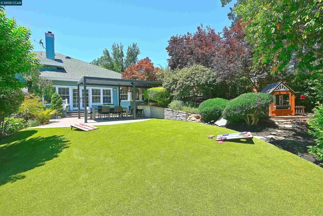 a view of a backyard with swimming pool