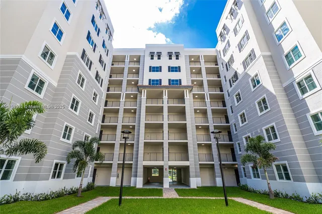 a front view of a multi story building