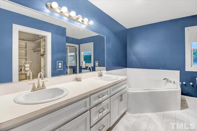 a bathroom with a sink a large mirror and a bathtub