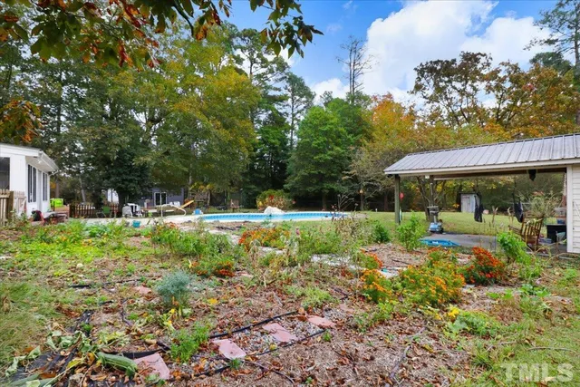 a view of backyard with table and chairs and potted plants