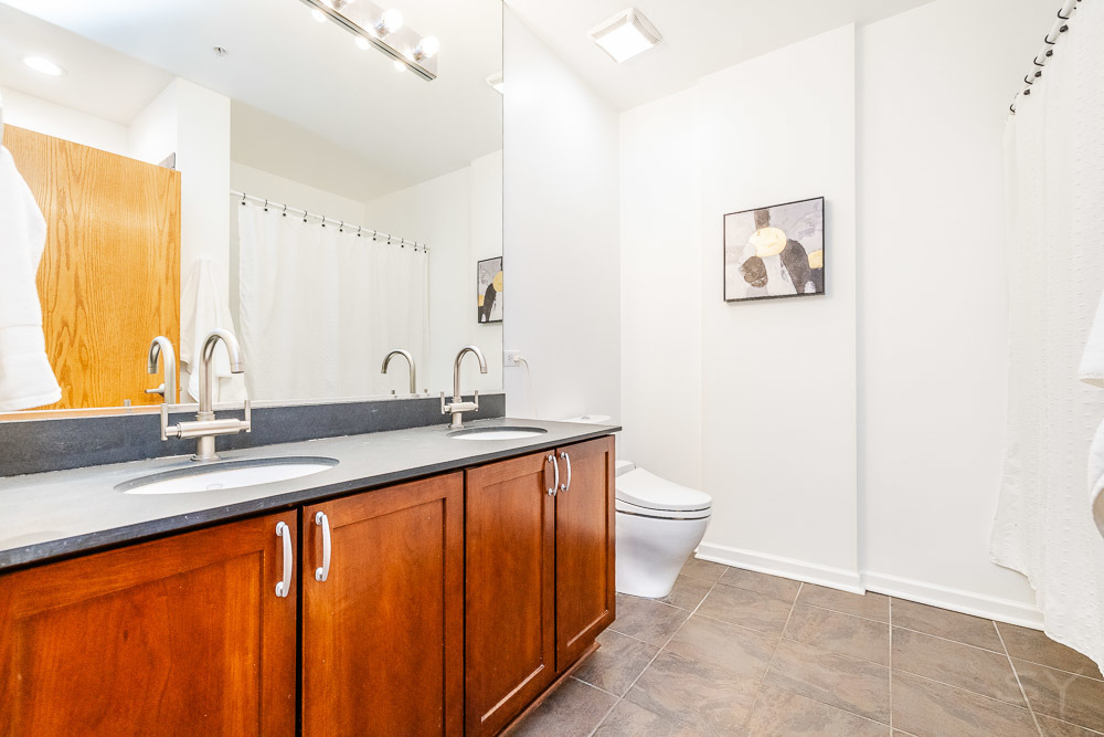 1503 South State Street, Unit 403 Chicago, IL 60605 - Photo 11 of 20 a bathroom with a granite countertop sink a toilet and a mirror