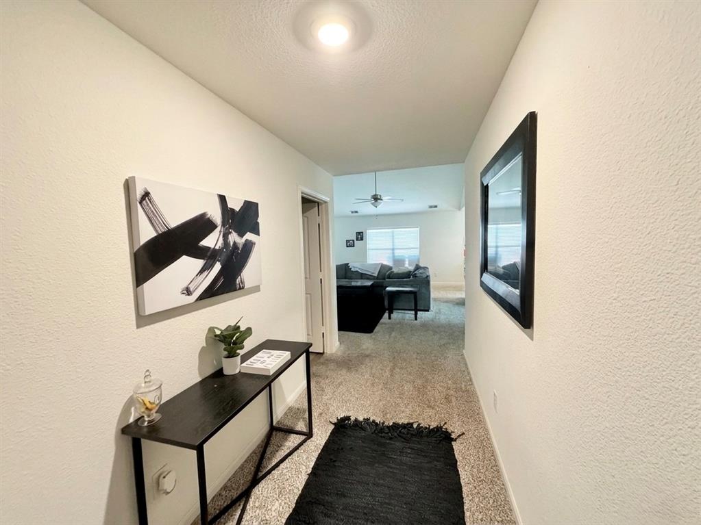 13604 Mineral Road Ponder, TX 76259 - Photo 2 of 20 Hall featuring a textured wall, light colored carpet, and a textured ceiling