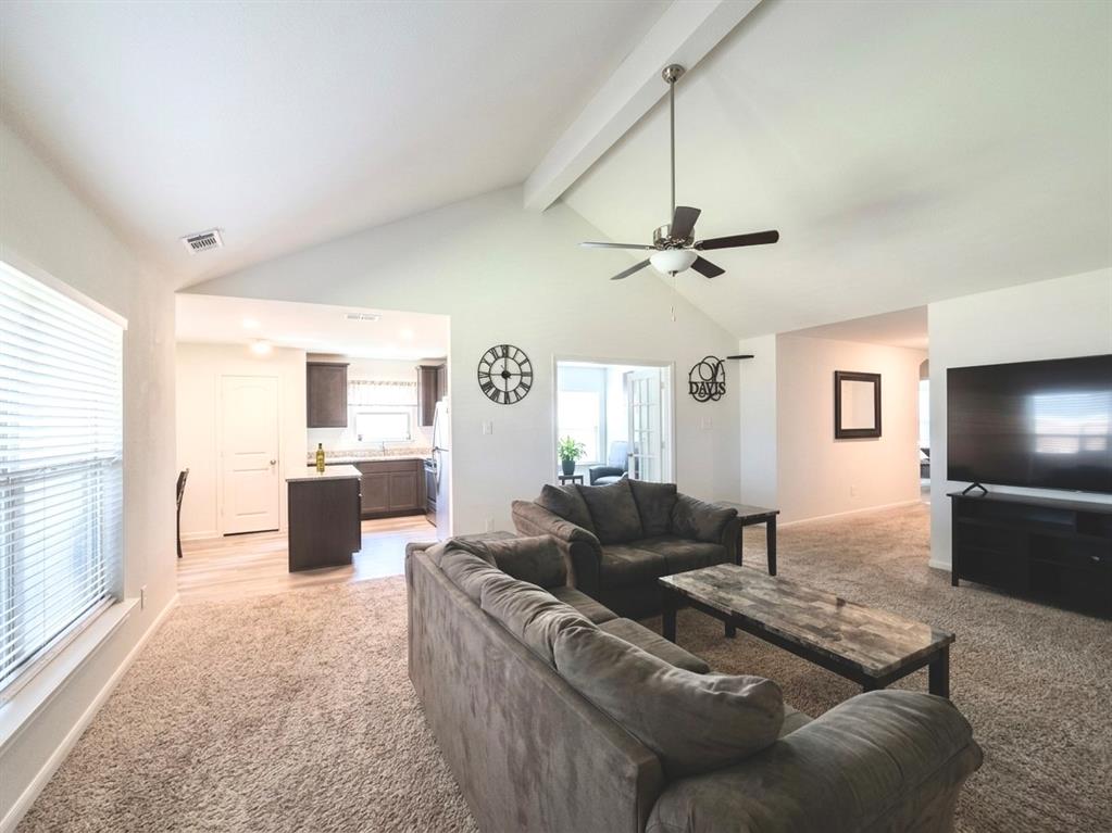 13604 Mineral Road Ponder, TX 76259 - Photo 9 of 20 Living room with light colored carpet and a ceiling fan
