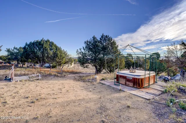 a view of a dry yard with trees