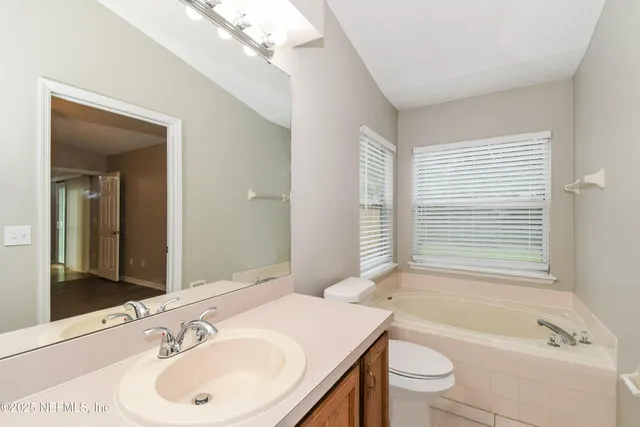 a bathroom with a bath tub sink mirror vanity and toilet