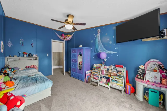 a bedroom with a bed and a tv