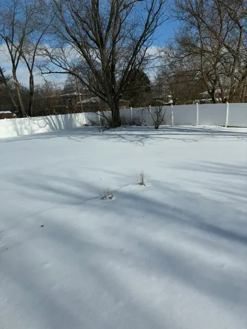 a view of yard covered with snow in front of house