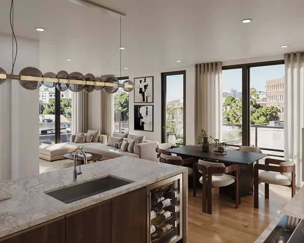 a view of a a dining room with furniture window and outside view
