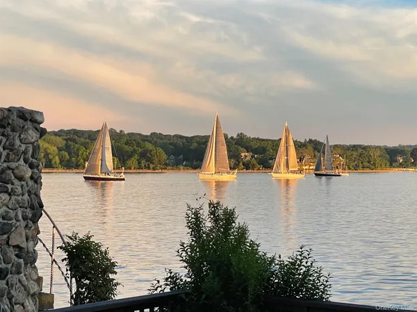a view of a lake with boats and trees in the background