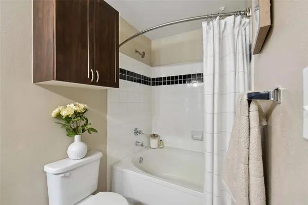 a bathroom with a shower curtain and a bathtub
