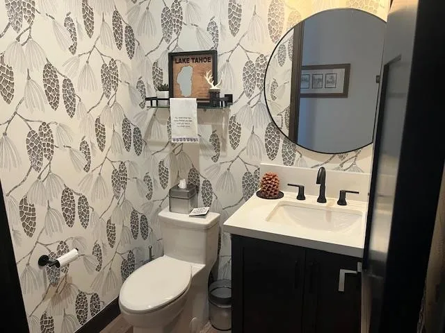 a bathroom with a toilet sink vanity and mirror