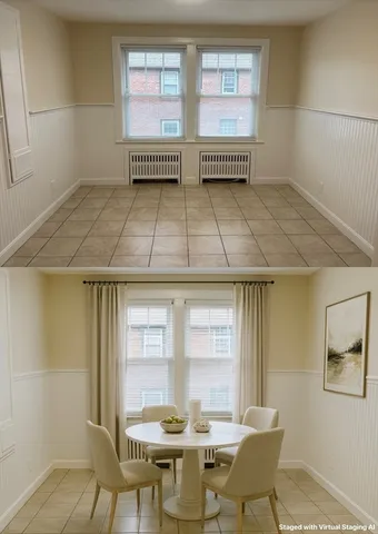 a view of a dining room with furniture and window