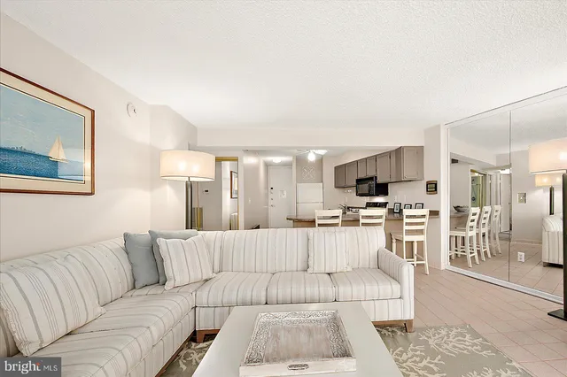 a living room with furniture and a view of kitchen