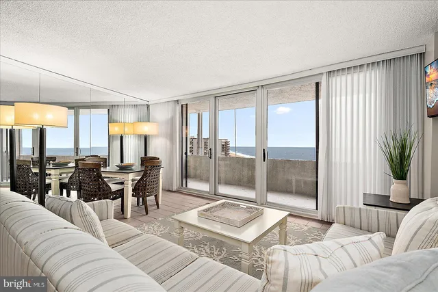 a living room with furniture and a floor to ceiling window