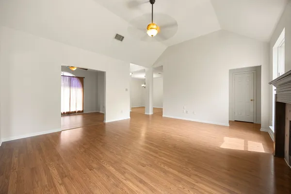 a view of a chandelier in a room