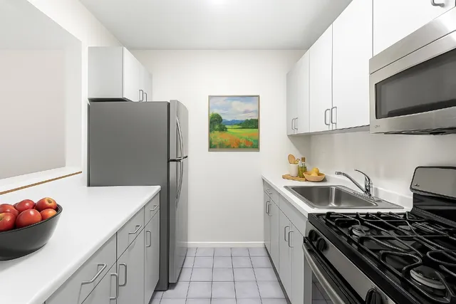 a kitchen with stainless steel appliances a stove a refrigerator and a sink
